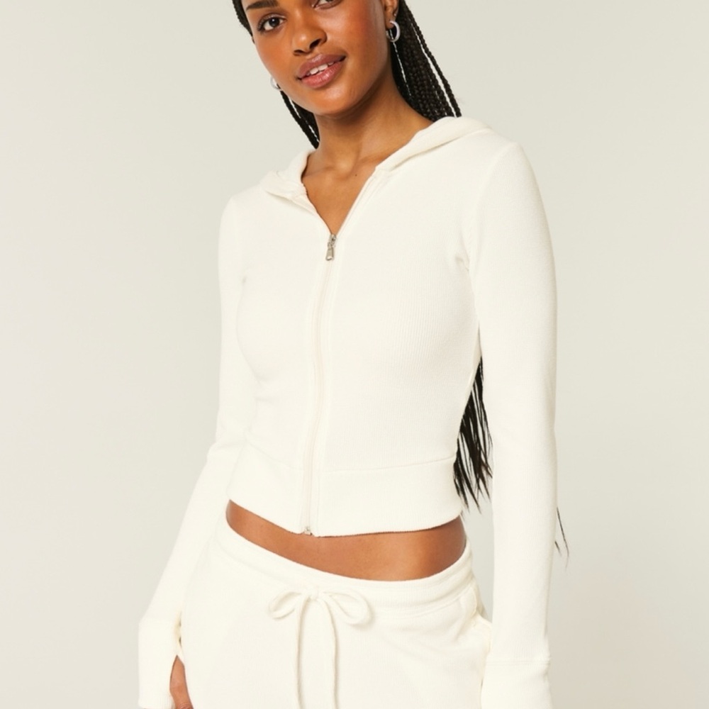 Hollister Off-White Zip-Up Hoodie waffle knit